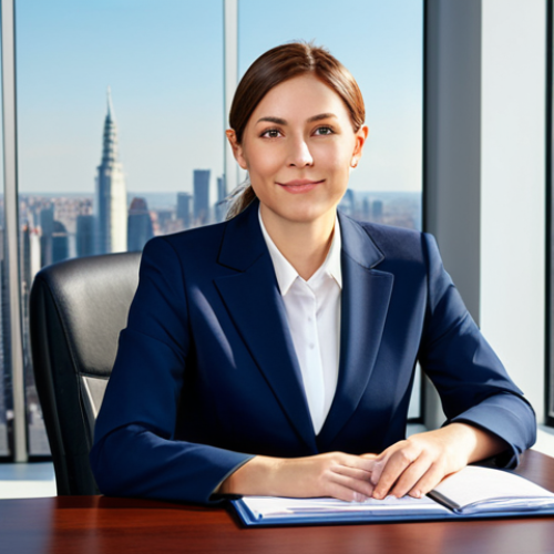 Home 6 **
"A professional businesswoman in a modest navy blue business suit, sitting at a desk in a bright, modern office with large windows overlooking a city skyline, fully clothed, appropriate attire, safe for work, perfect anatomy, correct proportions, professional photography, high quality, natural lighting."
**