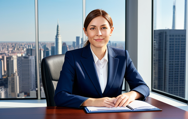 **

"A professional businesswoman in a modest navy blue business suit, sitting at a desk in a bright, modern office with large windows overlooking a city skyline, fully clothed, appropriate attire, safe for work, perfect anatomy, correct proportions, professional photography, high quality, natural lighting."

**