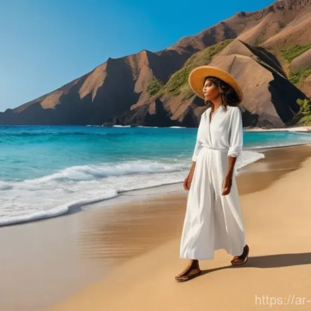 카보베르데 비자 정보 - **Prompt 1: Arrival at a Pristine Cabo Verdean Beach**
"An adult female traveler, fully and mode...
