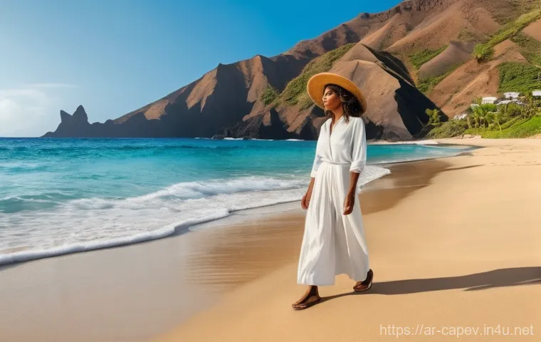 카보베르데 비자 정보 - **Prompt 1: Arrival at a Pristine Cabo Verdean Beach**
    "An adult female traveler, fully and mode...