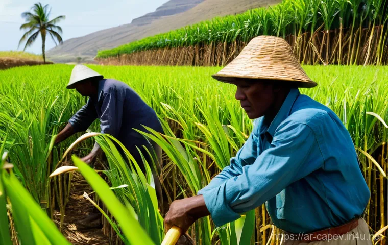 카보베르데 전통 럼주 - **Prompt 1: Traditional Grogue Production in Cape Verde**
A vibrant, realistic documentary photo...