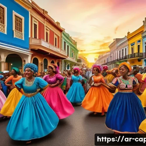 카보베르데 특이한 문화 및 생활 습관 - A vibrant Cape Verdean carnival scene at sunset, featuring a crowded street filled with joyful dance...