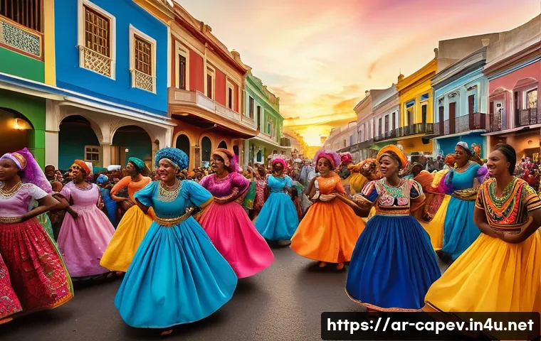 카보베르데 특이한 문화 및 생활 습관 - A vibrant Cape Verdean carnival scene at sunset, featuring a crowded street filled with joyful dance...