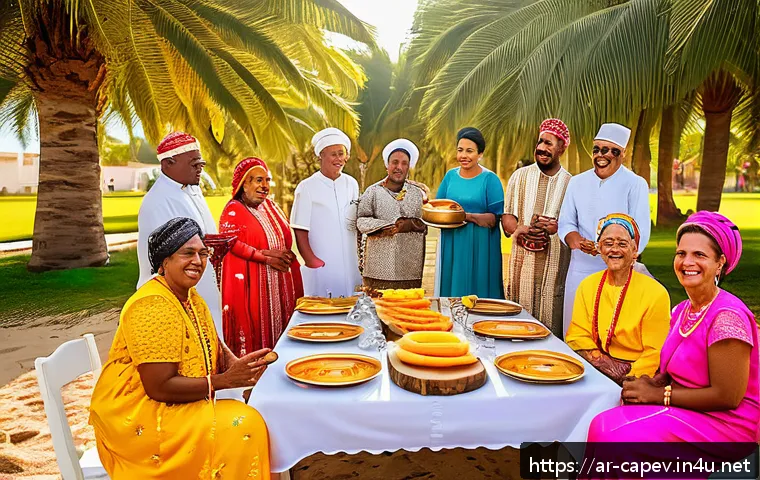 카보베르데 결혼 및 연애 문화 - A vibrant Cape Verdean traditional wedding celebration scene featuring multigenerational family memb...