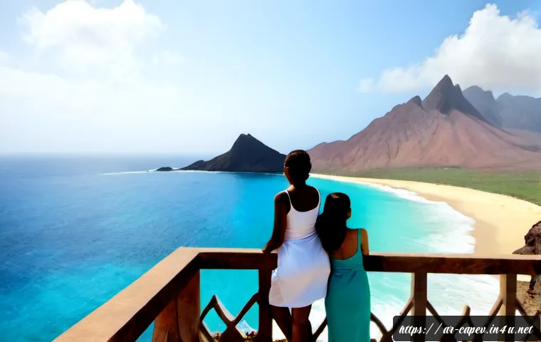 카보베르데 날씨 및 기후 - Photorealistic panoramic view of Cabo Verde’s dry Atlantic coastline, volcanic brown mountains meeti...