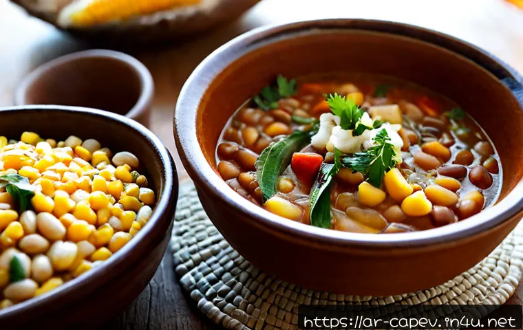 Home 17 카보베르데 카치푸루 - Photorealistic close-up of traditional Cabo Verde cachupa stew in a rustic ceramic bowl, visible hom...